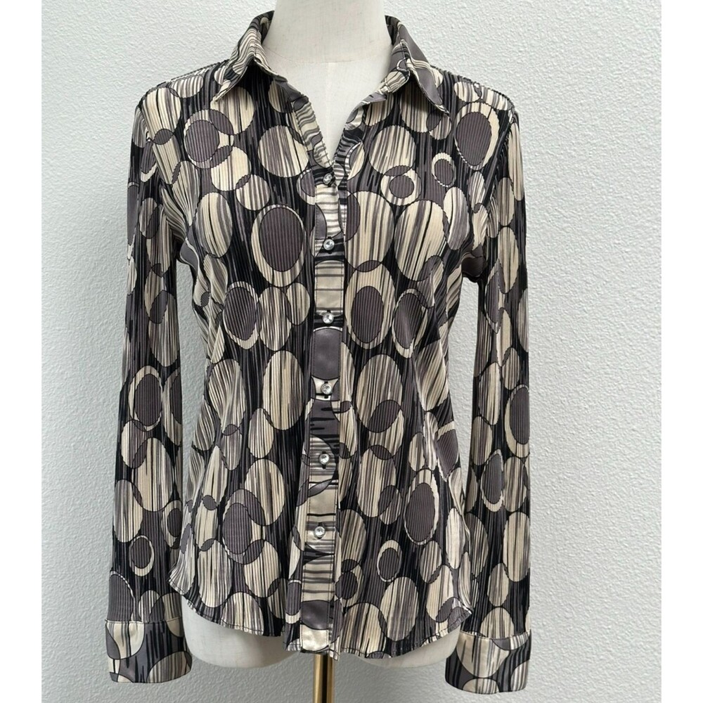 Coupe Collection Geometric Pleated Button Up Blouse L‎ Gray Retro Mod Y2K Cyber